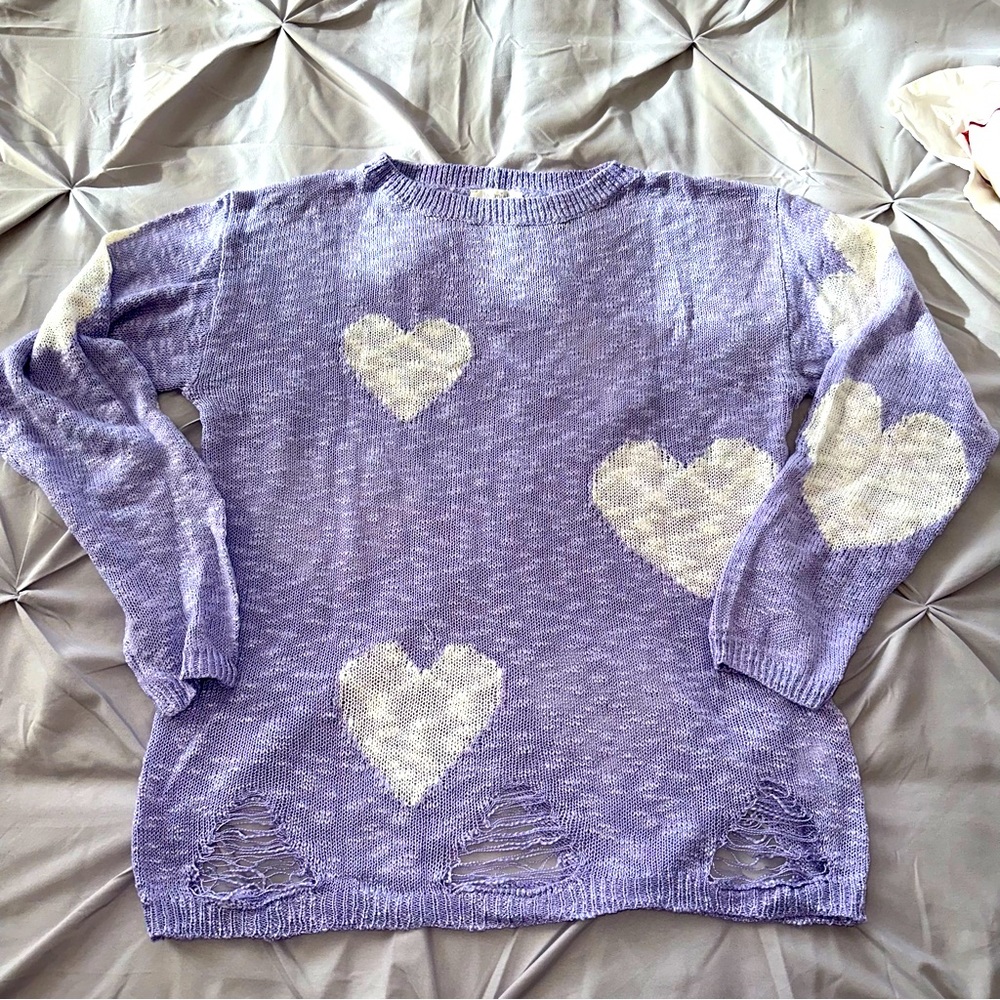 Light lavender Heart Lightweight Distressed Knit Long Sleeve Sweater